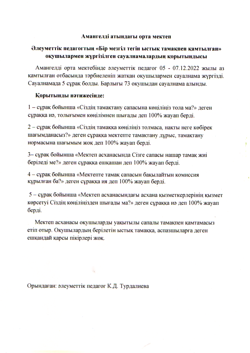 "Бір мезгіл тегін ыстық тамақпен қамтылған" оқушылармен жүргізілген сауалнаманың қорытындысы